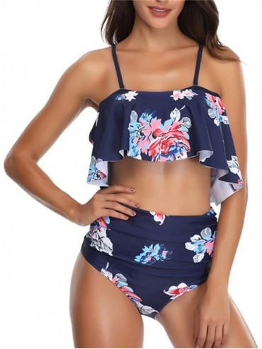 Sets Women's Push-Up Padded Bra Beach Bikini Set Swimsuit Floral Printing Swimwear Beachwear - Navy 1 - C218UASW956 $22.33
