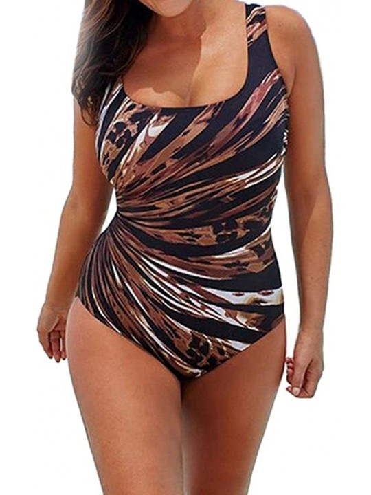 One-Pieces Women One Piece Swimsuit- Fashion Plus Size Scoop Neck Striped Bathing Suit Swimwear Monokini - B - C818CO848A9 $1...