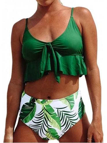 Sets Womens Two Piece Swimsuits High Waist Ruffle Bikini Set Tie Knot Top Floral Bottom Swimwear Tankini - Green - CR1924CMAU...