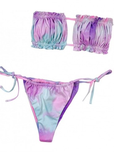 Sets Women's Tie Back Ruched Bandeau with Cheeky Thong Bikini Bathing Suit - Multi-3 - CX19C4USQWC $36.05