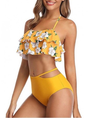 Racing Bikini Swimsuit for Women High Waisted Swimsuits Tummy Control Two Piece Halter Tankini Ruffled Bathing Suits Yellow -...