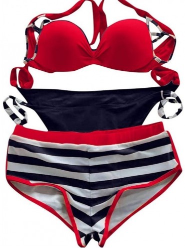 Bottoms Three Piece Swimsuits for Women Fashion 2020 Summer High Waisted Push Up Bra + Thong + Boyshort Bathing Suits 1 Red -...