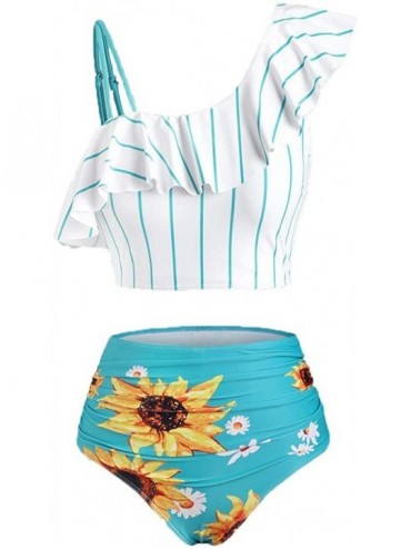 Sets Women's Striped Sunflower Print Push-Up Padded Plus Size Overlay Bikini Swimsuit Beachwear - A Green - CL199IDEZIG $33.68