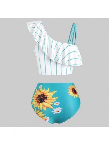 Sets Women's Striped Sunflower Print Push-Up Padded Plus Size Overlay Bikini Swimsuit Beachwear - A Green - CL199IDEZIG $22.00