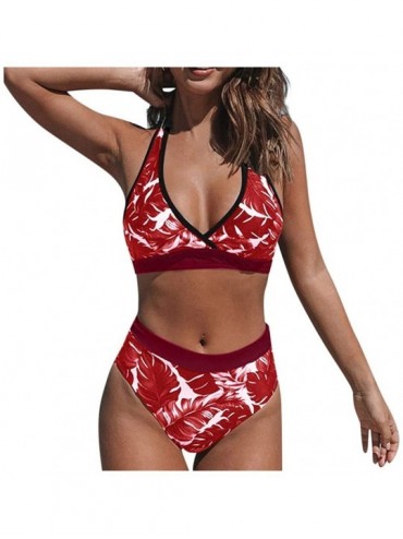 Sets Swimsuits for Women Two Piece-Plus Size High Waisted Tummy Control Ruched String Halter Bikini Set Strappy Swimsuits - R...