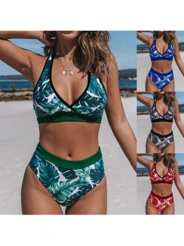Sets Swimsuits for Women Two Piece-Plus Size High Waisted Tummy Control Ruched String Halter Bikini Set Strappy Swimsuits - R...
