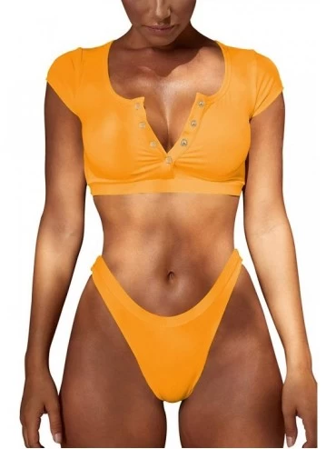 Sets Womens Bathing Suit V Neck Swimsuit T Shirt Swimwear Bikini Set Crop Top Brazilian Thong Bottom Yellow Bikini Set - C419...