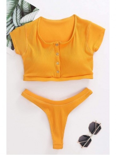 Sets Womens Bathing Suit V Neck Swimsuit T Shirt Swimwear Bikini Set Crop Top Brazilian Thong Bottom Yellow Bikini Set - C419...