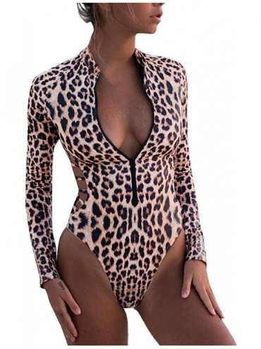 One-Pieces Women's Sexy Snakeskin/Leopard Print Long Sleeve Zipper One Piece Swimsuit Bikini Swimwear Monokini Bathing Suit B...