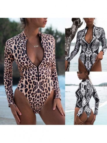 One-Pieces Women's Sexy Snakeskin/Leopard Print Long Sleeve Zipper One Piece Swimsuit Bikini Swimwear Monokini Bathing Suit B...