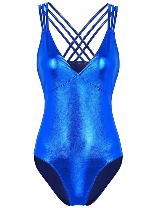 One-Pieces Sexy Women One-Piece Shiny PVC Leather High Cut Leotard Bikini Bodysuit Swimsuit - 2 Blue - CG18WRTAO9Q $16.92