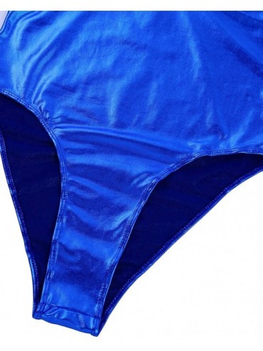 One-Pieces Sexy Women One-Piece Shiny PVC Leather High Cut Leotard Bikini Bodysuit Swimsuit - 2 Blue - CG18WRTAO9Q $16.92