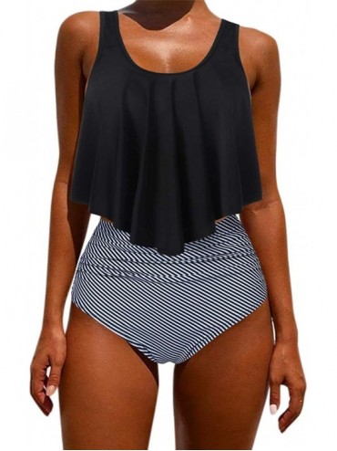 Sets Women's Ruffle Bikini Swimsuit High Waisted Bottom Plus Size Swimwear Tankini - Black Striped - C518NU9MQLT $52.03