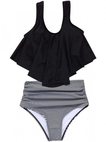 Sets Women's Ruffle Bikini Swimsuit High Waisted Bottom Plus Size Swimwear Tankini - Black Striped - C518NU9MQLT $31.08
