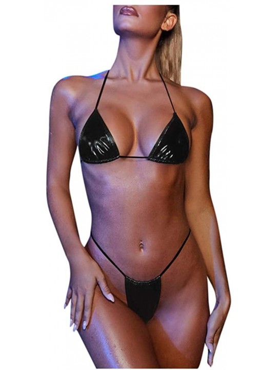 Racing Women's Two-Piece Patent Leather Bling Bandage Bikini Set Push-Up Brazilian Swimwear Beachwear Swimsuit - Black - CP19...