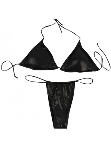 Racing Women's Two-Piece Patent Leather Bling Bandage Bikini Set Push-Up Brazilian Swimwear Beachwear Swimsuit - Black - CP19...