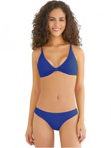 Sets Women's Plunging Neckline Knot Front Bikini Spaghetti Strap High Cut Swimsuits - Charming Blue - C818YIR932Z $44.76