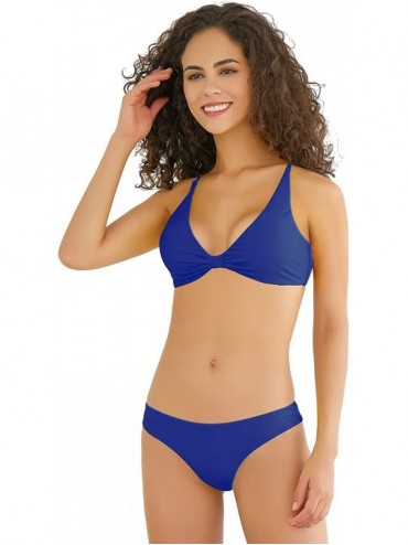 Sets Women's Plunging Neckline Knot Front Bikini Spaghetti Strap High Cut Swimsuits - Charming Blue - C818YIR932Z $23.30