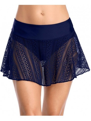 Tankinis Women's Solid Swim Skirt Build-in Brief Tummy Control Tankini Bottoms - Navy/Crochet - CH194OYH7WG $22.62