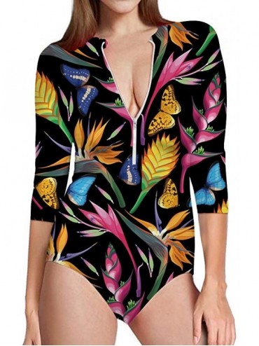 Racing Summer One Piece Swimsuit 3/4 Sleeve Sun Protection Rash Guard for Women - Tropical Floral-6 - CC18R8A7K75 $34.96