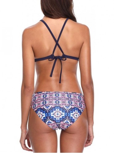 Sets Women Front Tie Bikini Swimsuit Two Piece Padded Swimwear Bathing Suits - Navy Aztec - C218LC29HTL $23.52