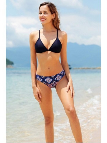 Sets Women Front Tie Bikini Swimsuit Two Piece Padded Swimwear Bathing Suits - Navy Aztec - C218LC29HTL $23.52