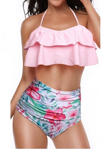 Sets Women Retro Flounce High Waisted Bikini Halter Neck Two Piece Swimsuit - Pink - CN18D448Z3H $38.32