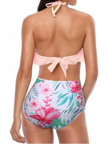 Sets Women Retro Flounce High Waisted Bikini Halter Neck Two Piece Swimsuit - Pink - CN18D448Z3H $40.10
