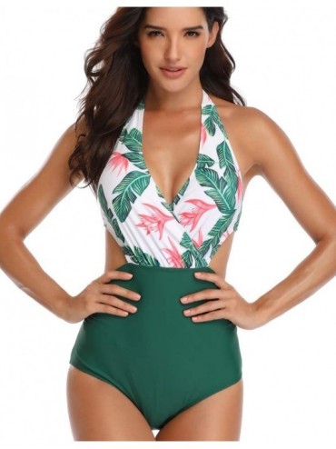 One-Pieces Women Cross Halter Monkini One Piece V-Neckline Backless High Waisted Bottom Swimsuit - Green - CY18NU8M20I $14.06
