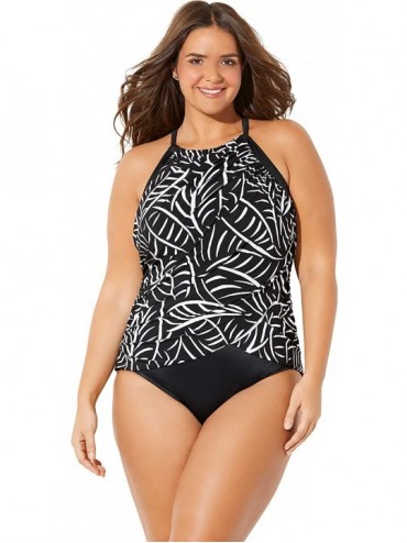 One-Pieces Women's Plus Size High-Neck Ruched One-Piece Swimsuit - Hard to Be Leaf - CI18QZ895LT $83.15