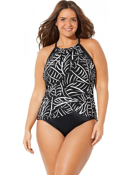 One-Pieces Women's Plus Size High-Neck Ruched One-Piece Swimsuit - Hard to Be Leaf - CI18QZ895LT $43.24
