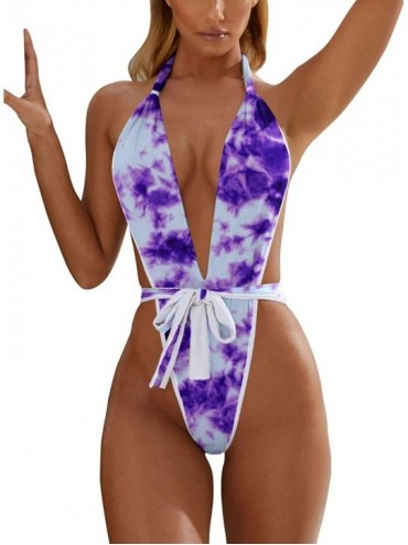 One-Pieces Swimsuits Bathing Suits Womens Sexy Monokini Deep V One Piece Semi Thong Bikini Backless Cheeky Swimwear Tie dye/P...