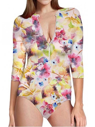 Rash Guards Women's One Piece Swimsuits Hawaiian Printed UV Sun Protection Swim Shirt Zip Front Swimwear Bathing Suit Ink Flo...