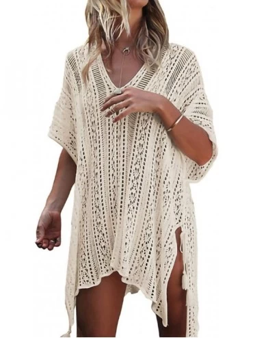 Cover-Ups Women Summer Crochet Cover up Beach Bikini Swimsuit Dress Bathing Suit - Beige - CG196EU5H7R $46.23