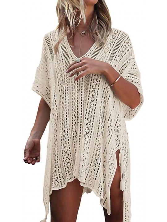Cover-Ups Women Summer Crochet Cover up Beach Bikini Swimsuit Dress Bathing Suit - Beige - CG196EU5H7R $29.42
