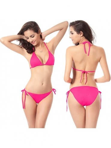 Sets Women Bandage Bikini Set Push Up Bra Swimsuit Bathing Suit Swimwear 2Pc High Neck Halter Top Strappy Sets Hot Pink - CI1...