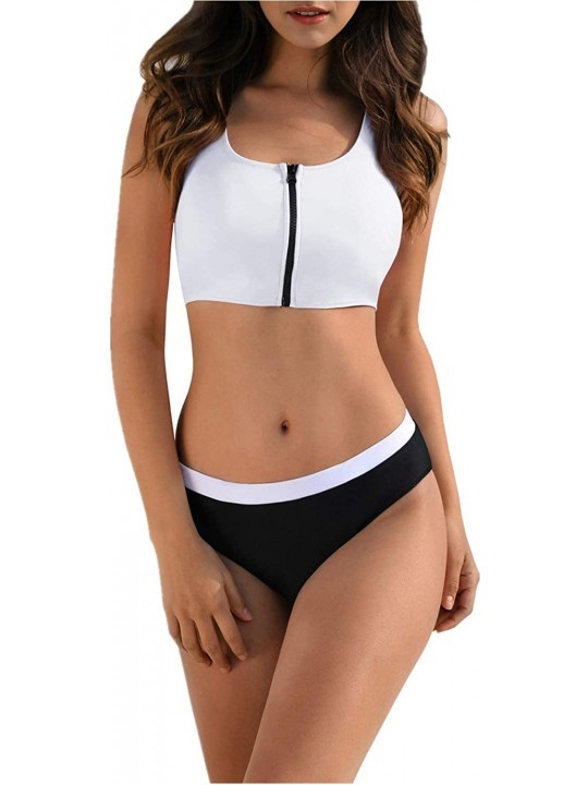 Sets Women Sexy Zipper Bikini Crop Top Color Block Active Sporty 2 Piece Swimsuits - White - C218LX8ZRZM $9.01