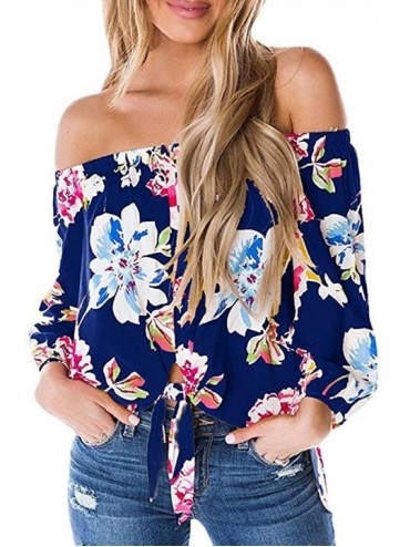 Racing Off Shoulder Blouses for Womens- Floral Stripe Bell Sleeve Baggy Tie Knot Tops Casual Shirts - 6 Blue - CZ18SKRKY9X $2...