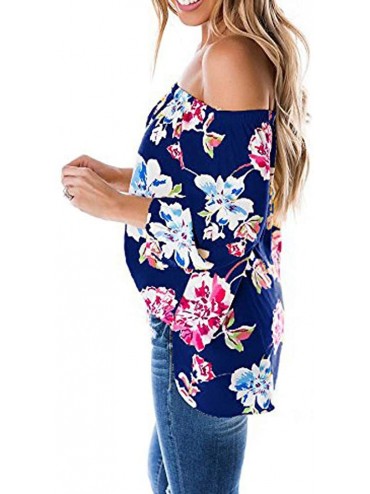 Racing Off Shoulder Blouses for Womens- Floral Stripe Bell Sleeve Baggy Tie Knot Tops Casual Shirts - 6 Blue - CZ18SKRKY9X $1...