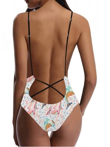 One-Pieces Sea Turtle Dolphin Sea Life V-Neck Women Lacing Backless One-Piece Swimsuit Bathing Suit XS-3XL - Design 4 - C018S...