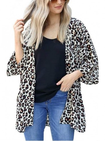Cover-Ups Women's 3/4 Sleeve Leopard Print Loose Chiffon Kimono Cardigan Cover up - Beige - CN194TCY4N5 $20.57