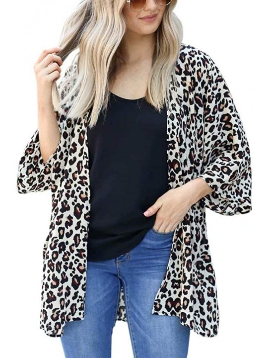 Cover-Ups Women's 3/4 Sleeve Leopard Print Loose Chiffon Kimono Cardigan Cover up - Beige - CN194TCY4N5 $12.29