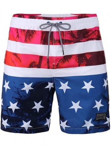 Trunks Men's Performance Swim Trunks American Flag Waterproof Graphic with Pocket Mesh Lining - Red - CQ18XWUHD23 $43.24