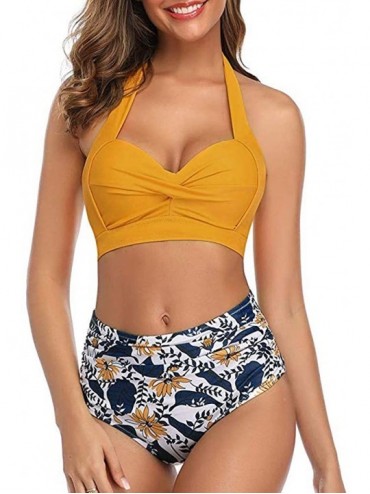 Sets Women Sexy Bikini 2 pcs Bathing Suits Top Ruffled with High Waisted Bottom Bikini Set Multi Color Multi Pattern Yellow -...