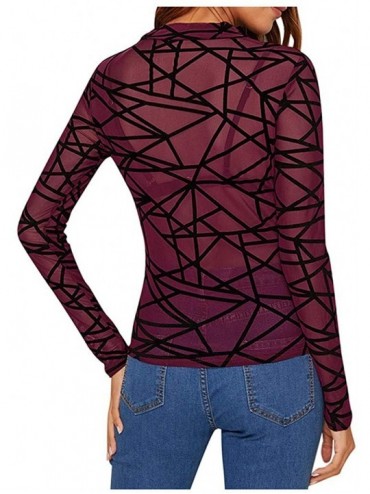 Tankinis See Through Tops for Women- Women's Long Sleeves Slim Fit See-Through Mesh Top High Neck Clubwear - Wine - CH195WMUT...