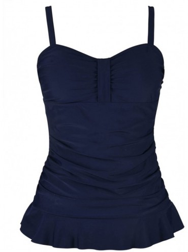Tops Women's 50's Retro Ruched Tankini Swimsuit Top with Ruffle Hem - Navy - CH18EGEKHLR $46.39