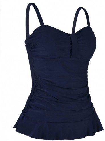 Tops Women's 50's Retro Ruched Tankini Swimsuit Top with Ruffle Hem - Navy - CH18EGEKHLR $29.91