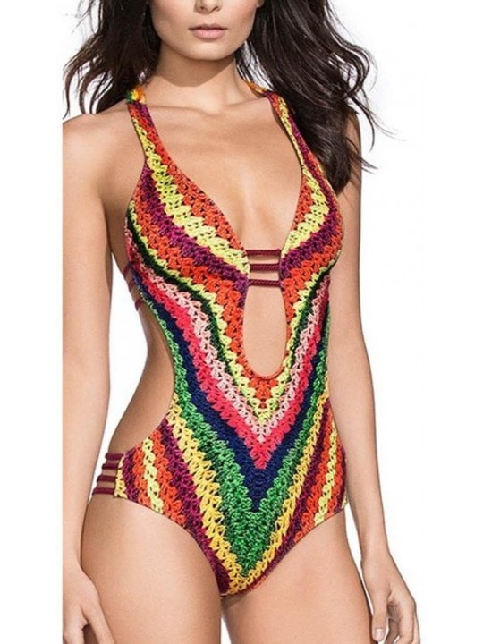 One-Pieces Women's Sexy Bandage Swimsuit Backless One Piece Swimwear Tummy Control Monokini Bathing Suits - Multi Color - C41...