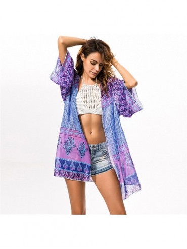 Cover-Ups Women's Bohemia Summer Chiffon Kimono Cardigan Blouse Beach Cover up - Purple - C617YC6ZKSS $7.48
