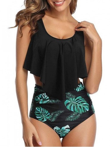 Sets High Waised Bikini Swimsuit for Women Ruffled Flounce Top Swimwear Two Piece Bathing Suits - Black Leaves-a - CF198GAASC...